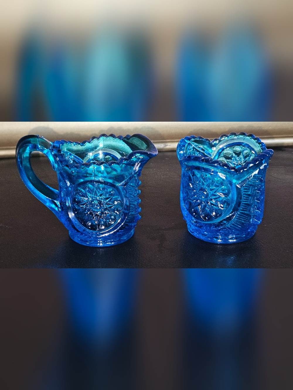 Vintage L.E. Smith Miniature Blue Ringed Star Sugar and Creamer Set